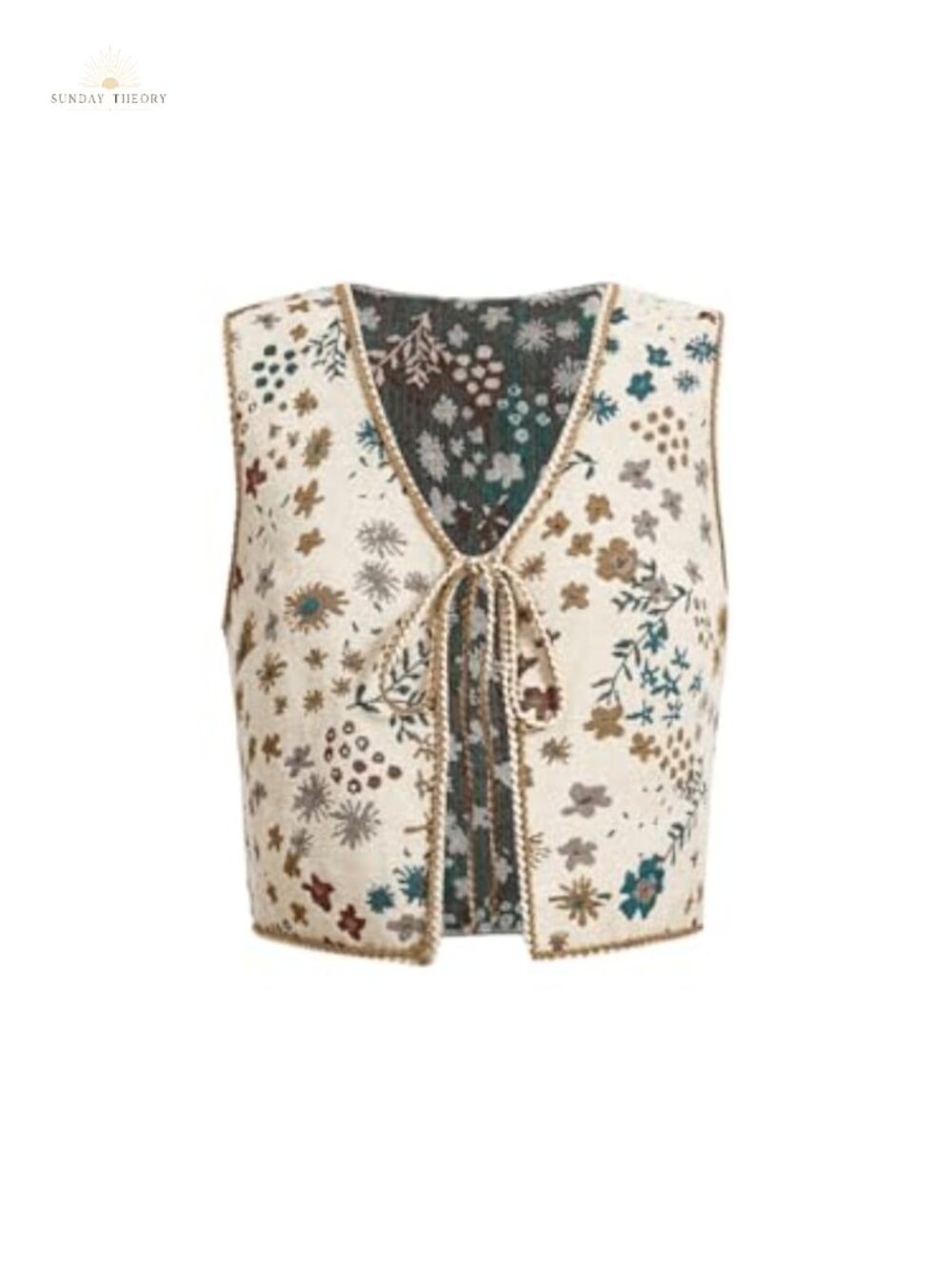 Embroidered Tie Front Vest Top Sleeveless V Neck Cropped Western Boho